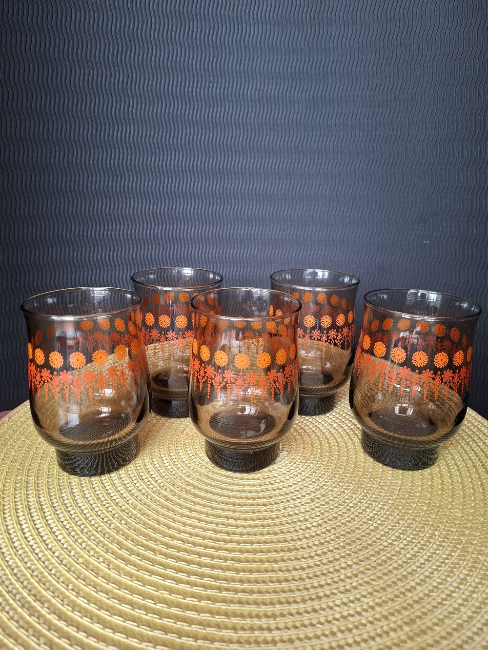 Vintage Dominion Glass Set of 5 Amber Tumblers Orange Floral 70s Canadian Glass - Picture 2 of 5